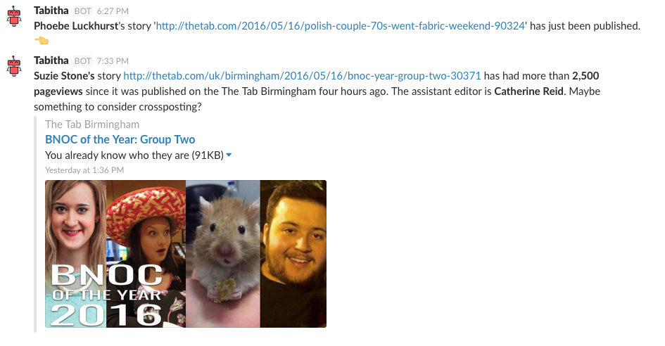 Tabitha Slack Channel to Promote Post